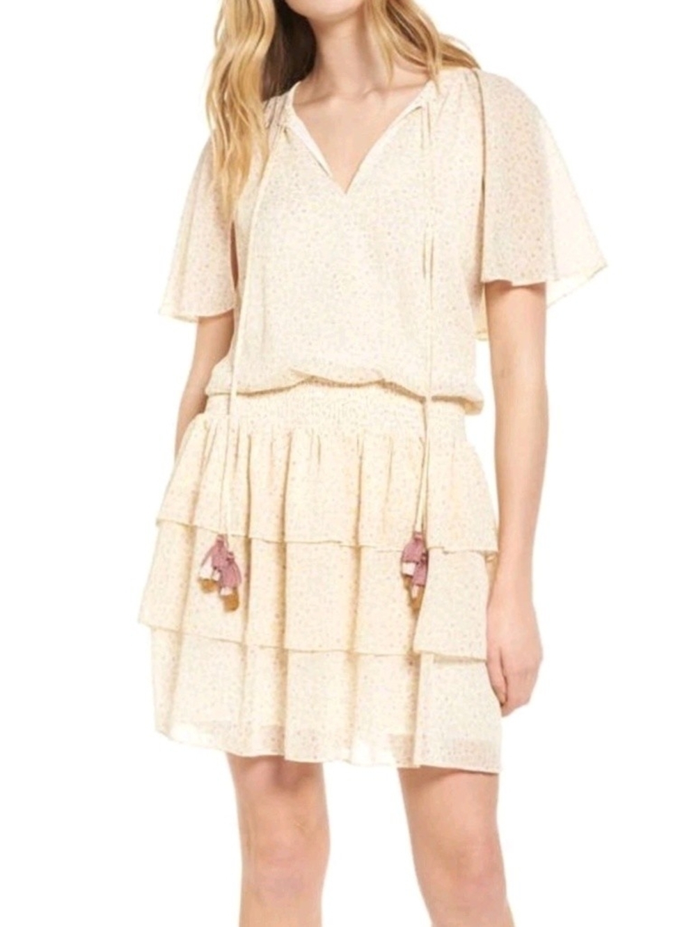 Rebecca Minkoff Pebble Smocked Waist Mini Dress Beige Floral Women's Size M Boho